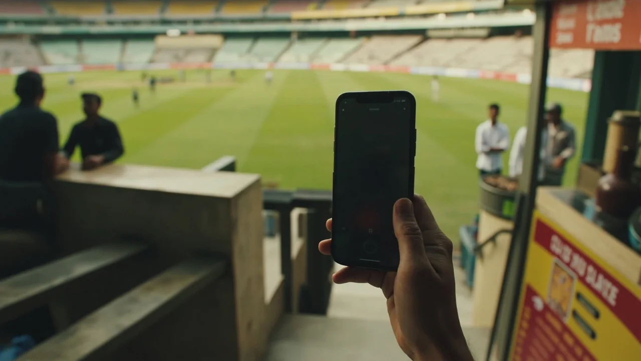 Stadium at night with phone-shaped editorial app install pattern