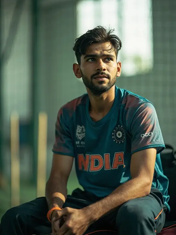 Top-order Indian cricket batter portrait at outdoor nets session, three-quarter view